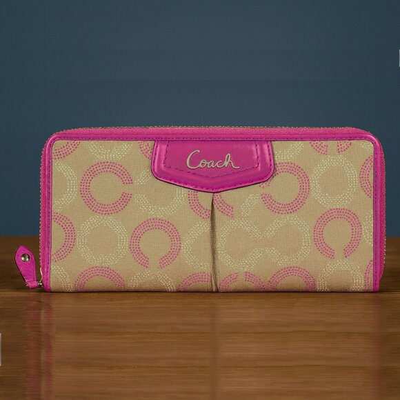 Coach Ashley Dotted Op Art Wallet – Pink/Tan Zip Around NWOT - Picture 1 of 6